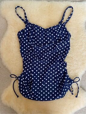 38D Tankini Top Panache Navy & White Polka Dot Swim Beach Pool Cruise Vacation